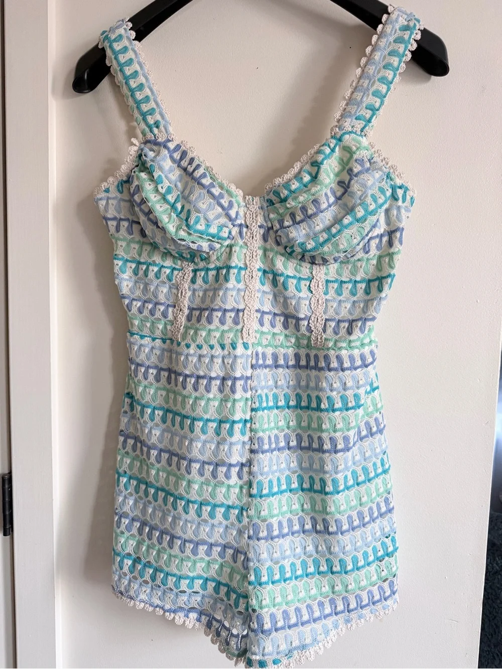 Fashion Nova Pastel Crochet-Trim One-Piece Romper in Aqua, Lavender & Mint